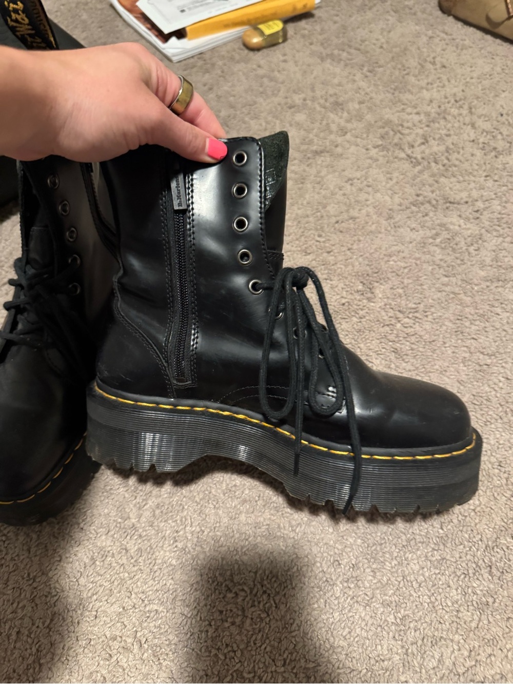 Dr. Martens Black Leather Platform Combat Boot with Yellow Stitching - Picture 3 of 5